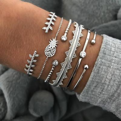 China High Quality 6 Pcs/Set Vintage Pineapple Bracelet Crystal Geometry Opening Silver Color Bangles Women Dance Party Jewelry Bangle Set for sale