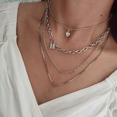 China High Quality 4 Pcs/Retro Set Women Necklaces Set Necklace Simple Silver Heart Lock Metal Clavicle Chain Female Color Jewelry Gifts for sale