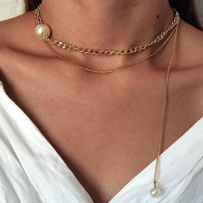 China High Quality 2 Pcs/Set Simple Pearl Chain Necklaces Set Long Classic Multilayer Party Pendant Gold Necklace Fashion Jewelry Accessories for sale