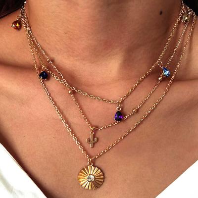 China High Quality 3 Pcs/Set Simple Fashion Women Necklaces Set Cactus Gem Water Drop Disc Clavicle Gold Chain Necklace Wedding Party Jewelry for sale