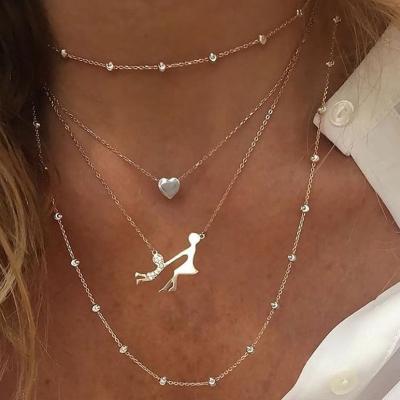 China High Quality 4 Pcs/Set Women Necklaces Set Parent Creative Child Portrait Heart Crystal Bead Chain Gold Necklace Holiday Jewelry Main Gift for sale