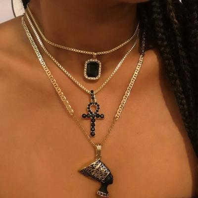 China High Quality 3 Pcs/Set Women Necklaces Set Portrait Square Black Crystal Clavicle Chain Gold Necklace Classic Birthday Party Jewelry for sale