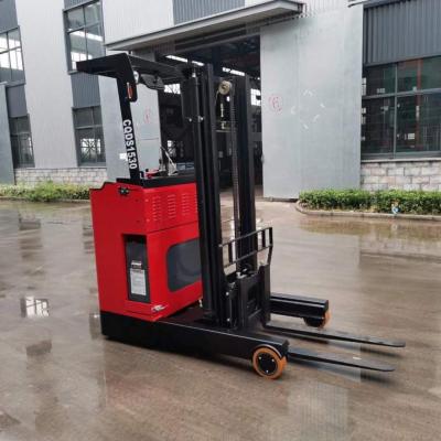 China 1500kg Electric Reach Trucks 24V Stand On Electric Reach Stacker Forklift for sale