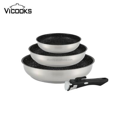 China Oven Safe Cookware 18/10 Stainless Steel Frying Pan Aluminiun Core Pfoa Enameled Frying Pan With Detachable Handle for sale