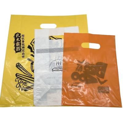 China Custom Colorful Printed Die Cut Plastic Shopping Tote Bags Recyclable Bags Free Sample Carry Shopping Bag With Bottom Gusset for sale