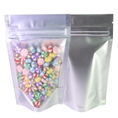 China Recyclable Custom Printed Clear Stand Bags Silver Resealable Food Packaging Zipper Stand Up Smell Proof Bags for sale