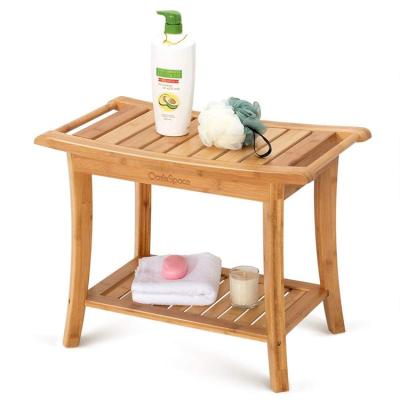 China Modern Bamboo Shower Bench with Storage Shelf, Shower Spa Chair Seat Bench Stool Organizer for sale