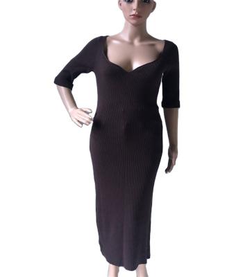 China Anti-wrinkle factory wholesale lady knit dress deep back U neck and 3/4 sleeve open deep v-neck knitted dress for women for sale