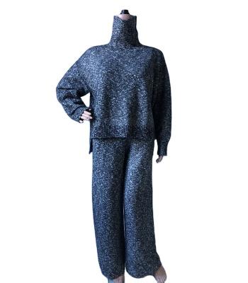 China Anti-wrinkle ladies cotton blend yarn knitted 2 pieces high neck jumper +pants oversized knitwear sets long sleeve for women for sale