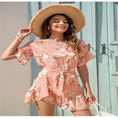 China Factory New Breathable Summer Design Plus Size Women Custom Floral Crew Neck Dress Fabric Chiffon OEM Customized Ladies Dress for sale