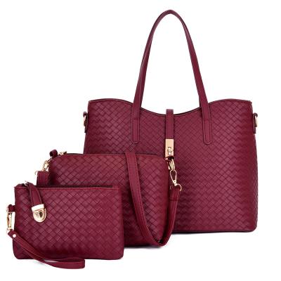 China Designer 2022 Hot Stamping Famous Waterproof Bag Luxury Tote Women Weaved Handbags 3 Pieces Fashion Sets Women Girls Shoulder Bag Purses for sale