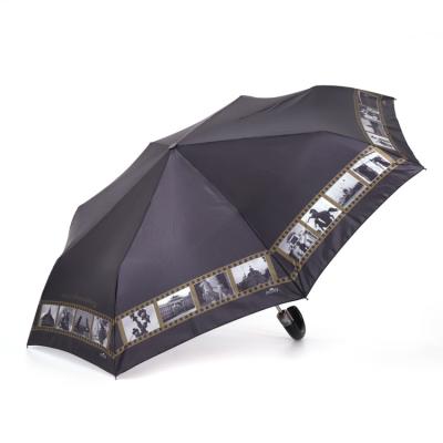 China Daily Use 22 Inch Fashion Design Film Printing Customized Hook By 105cm Handle Close Three Fold Auto Opening Rain Umbrella for sale