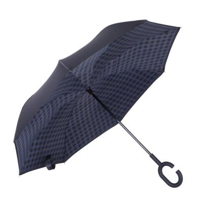 China Custom Double Layer Windproof Car Auto Open Handle Reverse Hanging C Shape Umbrella for sale