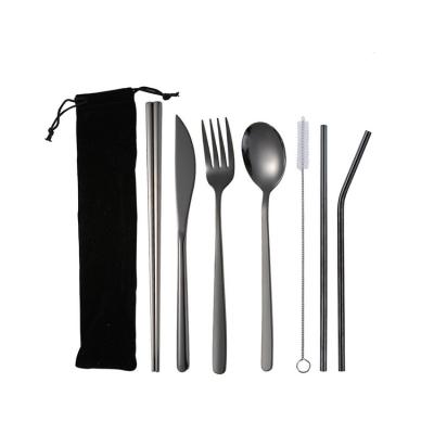 China New Arrival Stocked Tableware Spoon 304 Stainless Steel Spoon And Fork Brush Cutlery Set With Cloth Bag for sale