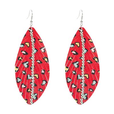 China 2021 Trendy Jewelry Fashion Crystal Leather Leaf Shape Drop Earrings Boho Women Heart Pattern Earrings for sale