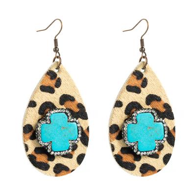 China 2021 Fashion Trendy Vintage Leopard Printed Water Drop Earrings Women Rhinestone Cross Boho Earrings Jewelry for sale