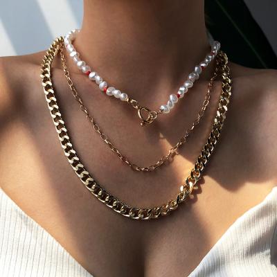 China FASHIONABLE European and American Cuba Link Necklace Punk Pearl Beads Necklace Jewelry Necklace Set for sale