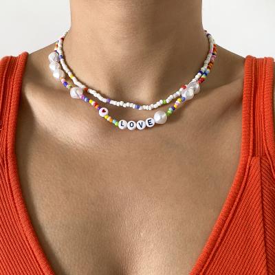 China Vintage NK-1258 creative LOVE letter acrylic pearl collarbone necklace punk colorful imitation chain chain beads braided necklace for sale