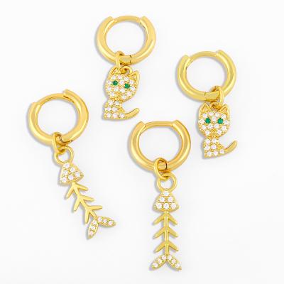 China 3 Years Not Fade ER-612 Women Fashion 18k Gold Stud Wholesale Gifts Cute Circle Cat Fish Bones Dangling Shape Animal Earrings for sale