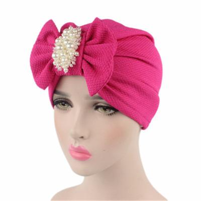 China New T-034 Cotton Women's Luxury Bow Turban With Pearl Jewelry Cotton Hat Elegant Chemo Cap Detachable Bowknot Women Turban for sale