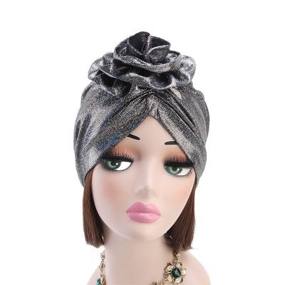 China Image T-304 fashion ladies shining 3D flower hair wrap hat women laser silk turban hat hood in stock for sale