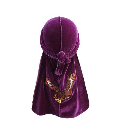 China Durag Image T-303 Velvet Bandana Unisex Luxury Muslim Headwraps Embroidery Straps Extra Long Tail and Wide Designer Custom Logo for sale