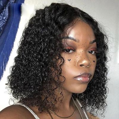 China No Closure 10inch 4*4 Lace BOB Shedding Wig, And Double Drawn Water Lead Wave Short Curly Virgin 100% Black Brazilian Hair Wig for sale