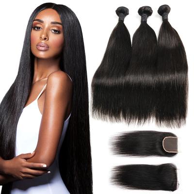 China Hot Selling Malaysian Premium Handmade Weft Brazilian Cuticle Aligned Weave 40 Inch 9a Straight Hair Extension Bundle With Closure for sale