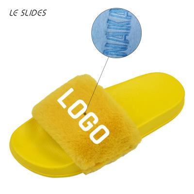 China Fashion Trend Unisex Designer Fur Slide Sandals For Women Logo Slipper Outdoor Furry Slippers Custom Made Flat Customized With Embroidered Logo for sale