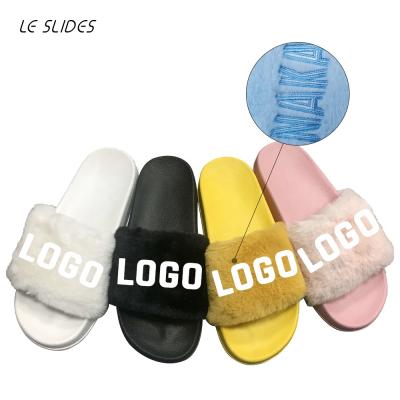 China Fashion Trend Hot Sale Soft Furry Slides Shoes Custom Slides Sandals With Embroidered Logo Flat PVC Fur Slippers Women for sale