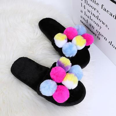 China CUSHIONING Designer Cheap Price Indoor Multi Color Women's Rainbow Pom Pom Faux Fur Ball Slide Kids Room Pink Slipper for sale