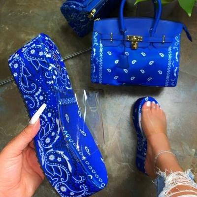 China New flat stylish handbag and shoes set matching shoe and fashion printed women sandals hot sale bag set for ladies for sale