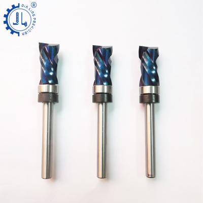 China MDF Edge Trimming Balance Blue Nano Coating Flush Router Bit Bearings Carbide Endmills Compression Flux Balance Router Spiral Bits for sale