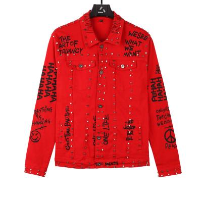 China Breathable Custom Your Logo Red Rivet Letter Printing Oversized Denim Jacket Men for sale