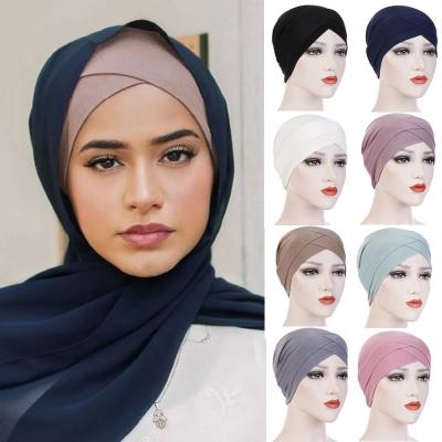 China Fashion Muslim Women Inner Hijab Hats Stretch Underscarf Cross Front Hijab Turban Femme Head Wear Hat Muslinm Headscarf Hood Hats for sale