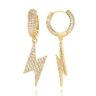 China Hiphop Lightning Bolt Dangle Earrings Shape Jewelry Clear Zircon Real Gold Plating Hip Hop Earring Women for sale