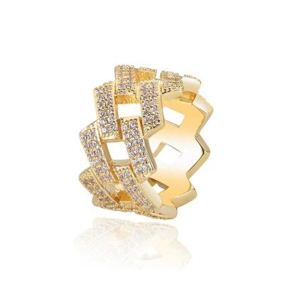 China Hiphop Prismatic Shape Brass Material 18k Gold Rings Full Zircon Stone White Cavity Trendy Jewelry Rings for sale