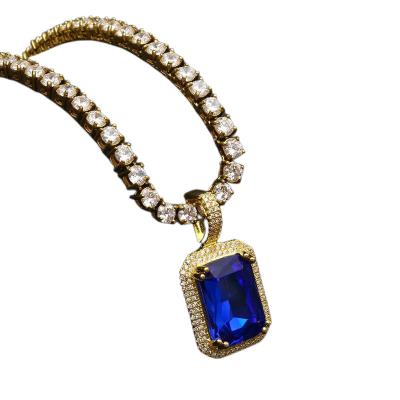 China European Square Colored Gemstone Pendant New Lead Free Nickel Free Stainless Steel Simple Shape Chain Necklace New And American Fashion for sale