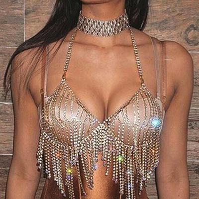 China Gold Free Women's Diamond Sexy Tassel Body Chain Pretty Yarn Bra Panties Bikini Chest Jewelry Accessories for sale