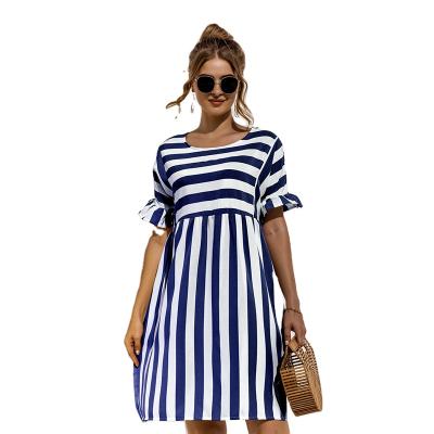 China 2021 Summer Women's Elegant Ruffle Sleeve Anti-Static Striped Patchwork A-Line Dress Casual High Neck Pocket Dress Loose Beach Wear for sale