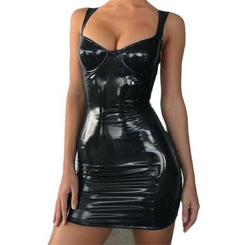 China Skinny Sexy Hip Plus Size Ladies Latex Sleeveless Mini Dress Summer Sleeveless Sling Faux Leather Clubwear Bag Skirt Shiny Leather Dress S for sale