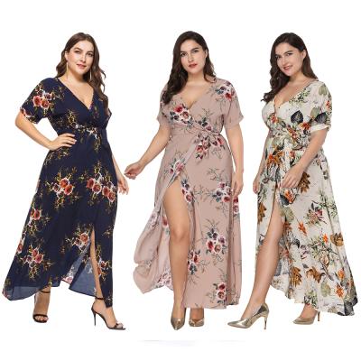 China Anti-Static Chiffon Printed Split Dress For Fat Woman Plus Size Summer Dresses V-Neck Beach Dress for sale