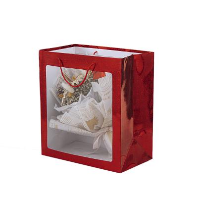 China Handmade Clear Heart Design Window Paper Bags Wholesale Laser Flower Paper Bag Metallic Packaging Manufacturer With Transparent Window for sale