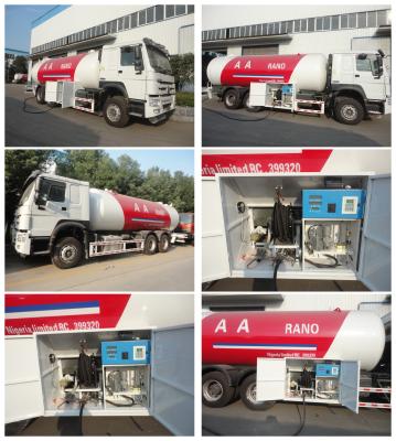 China 10metric tons 336hp SINO TRUK HOWO brand lpg gas dispensing truck for filhling gas bottles, 25m3 lpg gas dispenser truck for sale