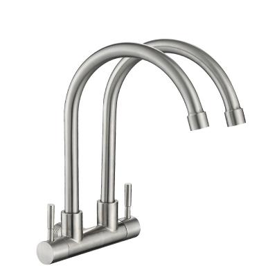 China Modern Kitchen New Design 2 Way Double Handle Flexible Hose Brushed Nickel 304 Stainless Steel Wall Mounted Kitchen Faucet for sale