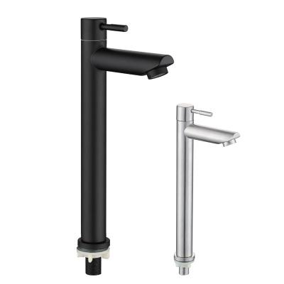 China Metered Faucets Black Color Tall Body 304 Stainless Steel Basin Faucet Deck Mounted Cold Water Single Handle Basin Water Faucet For Bathroom for sale