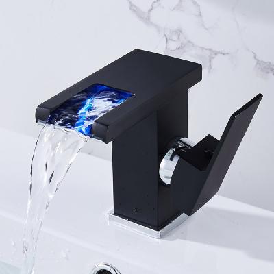 China Metered Faucets Deck-Mounted LED Waterfall Stainless Steel Lavatory Faucet Square Led Basin Faucets for sale