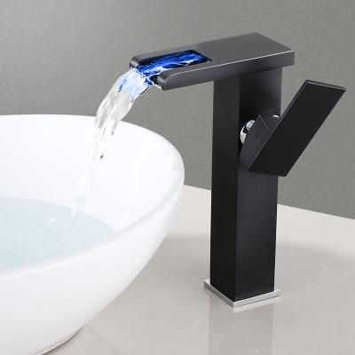 China Sense Faucets LED Square Waterfall Cold and Hot Water Faucet Waterfall Basin Bathroom Cabinet Nordic Black Body Black Copper Faucet Full for sale