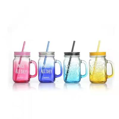 China Viable Promotion Custom Printing Color Glass Juice Cup Mason Jar With Lid And Handle Straw for sale