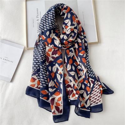 China 2021 Design Women Print Cotton Viscous Autumn Fallen Leaves Shawl Lady Scarf Wraps Lady Bufanda Beach Stoles Foulard Hijab Bufanda for sale